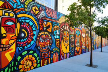 Obraz premium Vibrant and detailed street art mural celebrating the rich history and culture of indigenous people