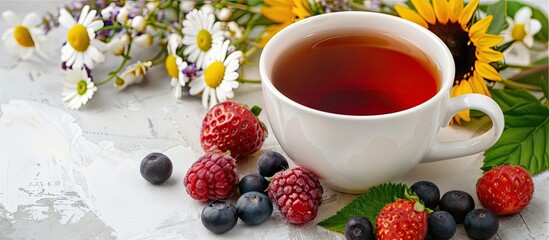 Tea in a mug accompanied by berries and chamomile on a white background. with copy space image. Place for adding text or design