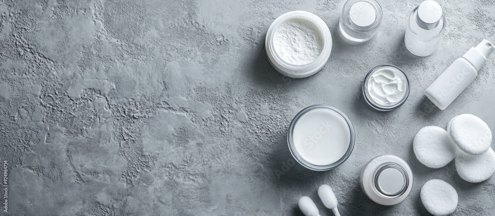 Poster top view of facial care products bottles and jars of tonic micellar cleansing water cream and cotton