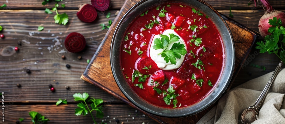 Poster Ukrainian beet soup borscht placed on a napkin atop a wooden surface. with copy space image. Place for adding text or design