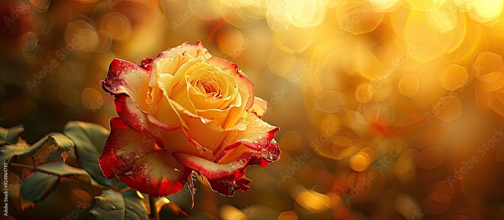 Wall mural yellow with a red rose bud blurred dark background featuring a yellow rose flower copy space panoram