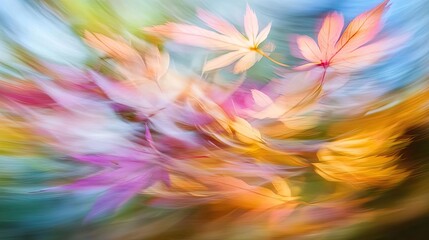 A vibrant blend of colorful leaves in motion, creating an abstract and dreamy effect that captures the essence of autumn.