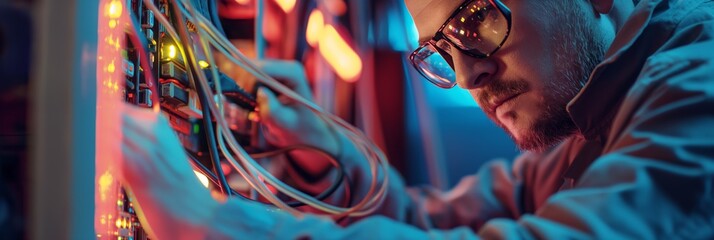 A technician meticulously works on network cables and connections within a dimly lit server room filled with equipment and glowing lights.