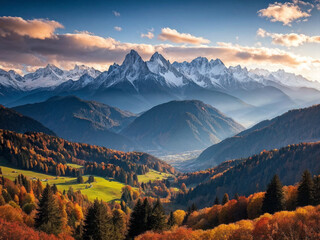 Panoramic Alpine Landscape with Autumn Colors