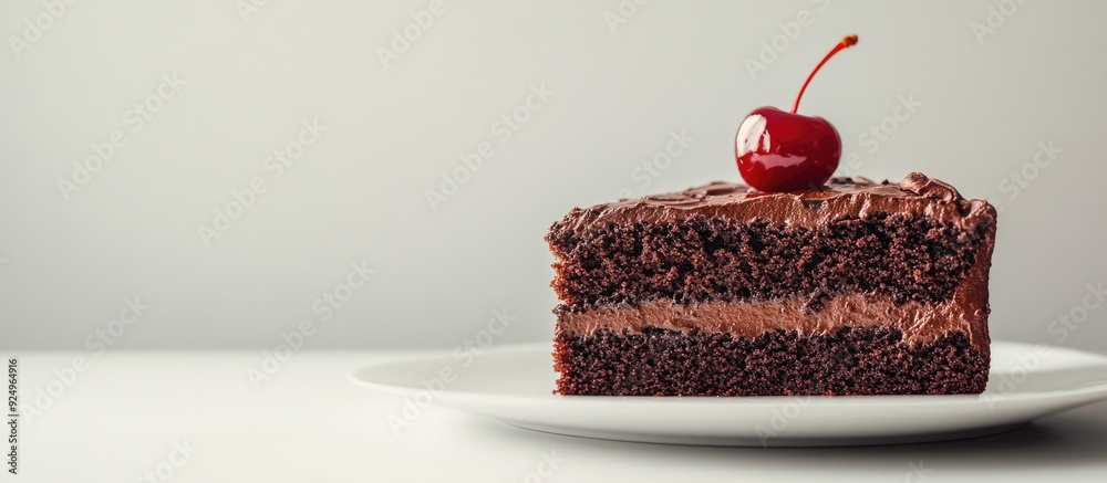 Leinwandbilder taking a bite of a served slice of delectable chocolate brownie cake with a cherry. with copy space image. Place for adding text or design