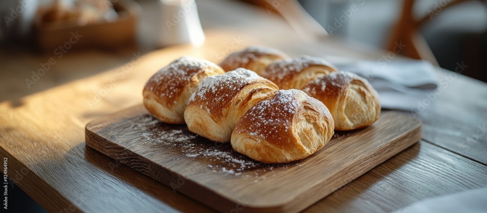 Poster Breads on a wooden board dusted with icing sugar on a wooden table for breakfast. with copy space image. Place for adding text or design