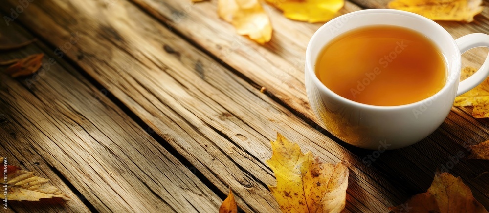 Poster yellow leaves beside a cup of autumn tea selective focus nature. with copy space image. place for ad