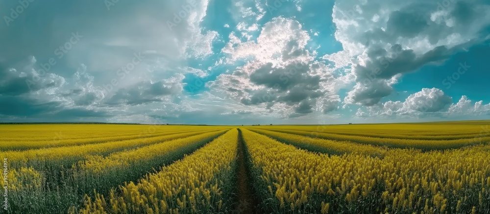 Fototapete Scenic rapeseed fields beneath a cloudy sky Aerial view of rapeseed crops in a farm field. with copy space image. Place for adding text or design