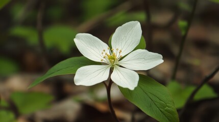Delicate White Flower Blooming in Nature - A single white flower with five petals blooms in a natural setting, surrounded by green leaves, symbolizing purity, new beginnings, fragility, beauty, and gr