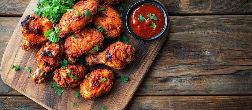 Crispy fried chicken wings and nuggets made at home on a rustic wooden board viewed from above Flat lay Copyspace available