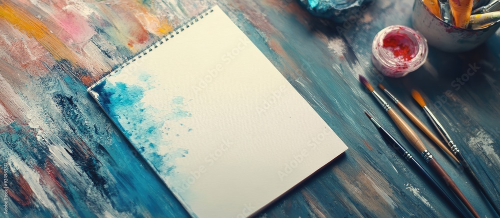 Poster notepad featuring watercolor paper and a brush on the desk. with copy space image. place for adding 