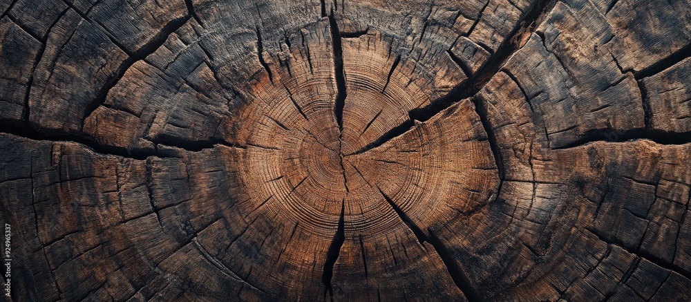 Poster Close up of a large old tree stump Wood and bark texture Smooth cross section featuring cracks hollows indentations and growth rings. with copy space image. Place for adding text or design