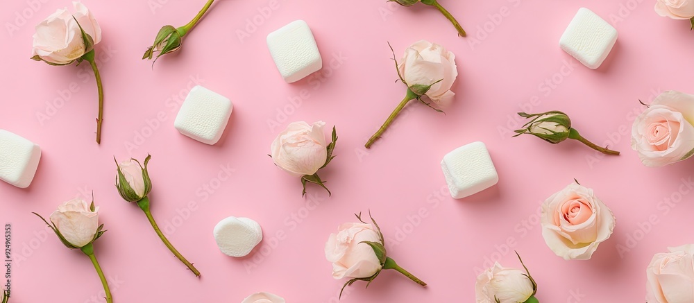 Poster Pink pastel background featuring roses and marshmallows Flat lay Top view. with copy space image. Place for adding text or design