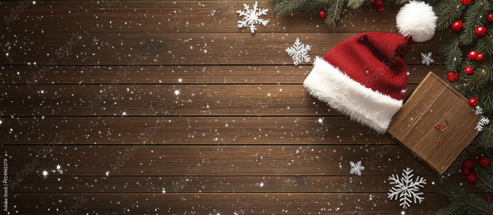 Poster Christmas decorations include snowflakes a box and a Santa hat on a wooden background. with copy space image. Place for adding text or design