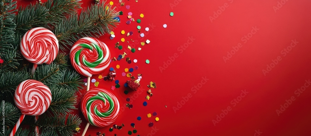 Poster christmas card featuring lollipops a green spruce branch and confetti on a red background flat lay t