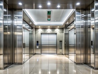 Polished metal elevator doors with reflective finish closed tightly,waiting for next destination, in a sleek and modern office building corridor with empty hallway.