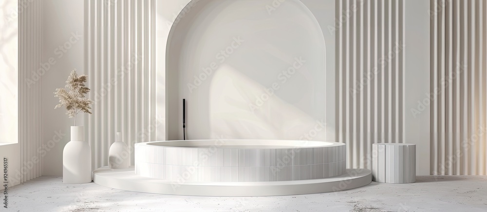 Poster white abstract stage mockup featuring a curved niche with two cylindrical podiums mosaic tile in a r