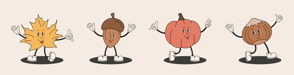 Playful autumn themed characters. Leaf, mushroom, acorn, maple, pumpkin, hazelnut. Cute retro groovy mascot perfect for seasonal designs, cards, prints.