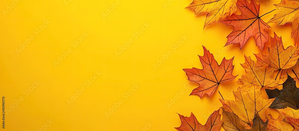 Poster Autumn festive backdrop featuring palmate maple leaves on a yellow background. with copy space image. Place for adding text or design