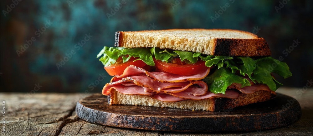 Leinwandbilder A ham tomato and lettuce sandwich on a slab plate against a rustic backdrop. with copy space image. Place for adding text or design