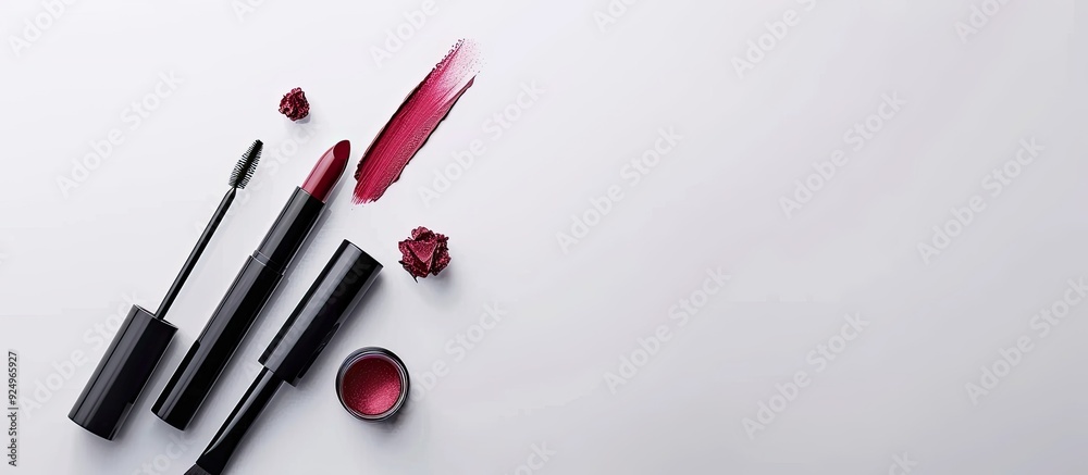 Aufkleber Create items on a white background with copy space Flat lay of a set of luxury decorative cosmetics top view mockup template Minimalist style Beauty blogger theme
