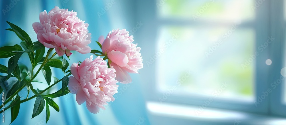 Aufkleber lovely peony bouquet against a blue folding screen backdrop. with copy space image. place for adding