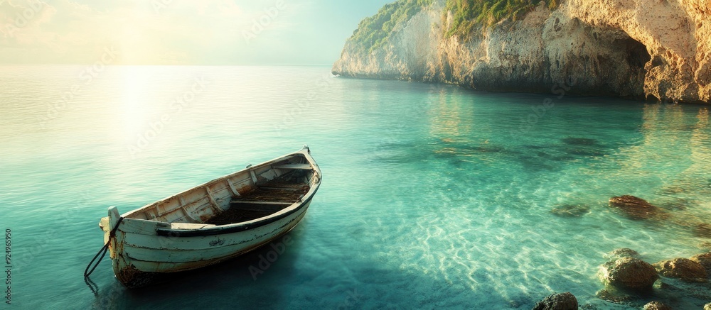 Poster scenic view of the sea with a boat in the foreground. with copy space image. Place for adding text or design
