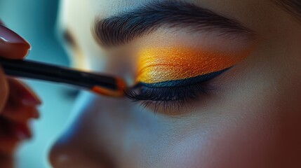 Close-up of a vibrant makeup application showcasing bright orange and black eyeliner on a beautiful eye.