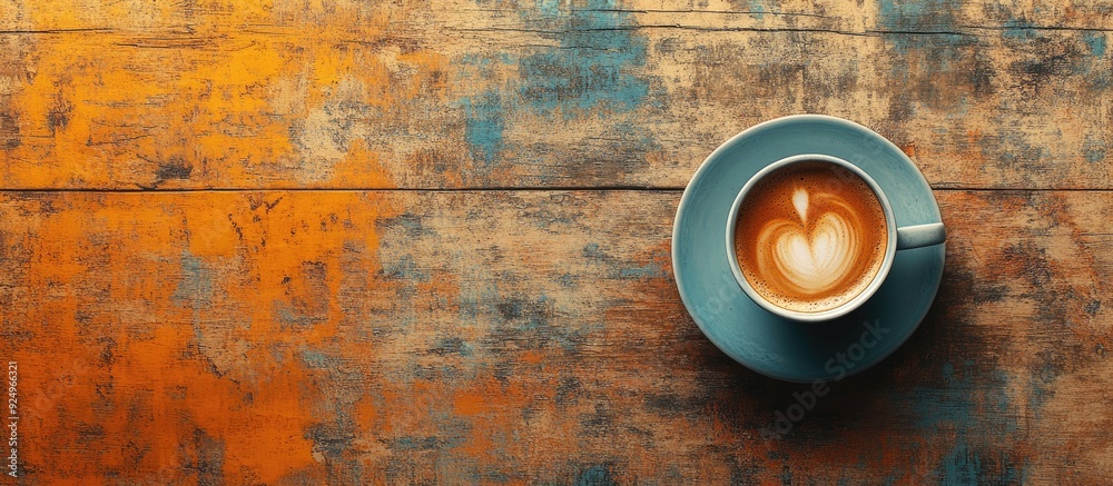 Leinwandbilder coffee on a distressed wooden background with a light orange hue. with copy space image. place for a
