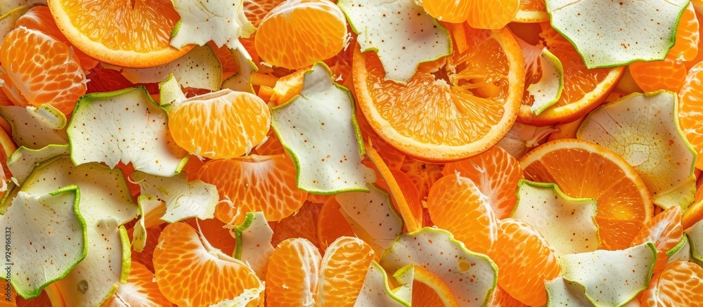Poster Close up view of leftover orange peels with green spots on the skin isolated on a white background Copy space is available in the top left right and center areas of the frame
