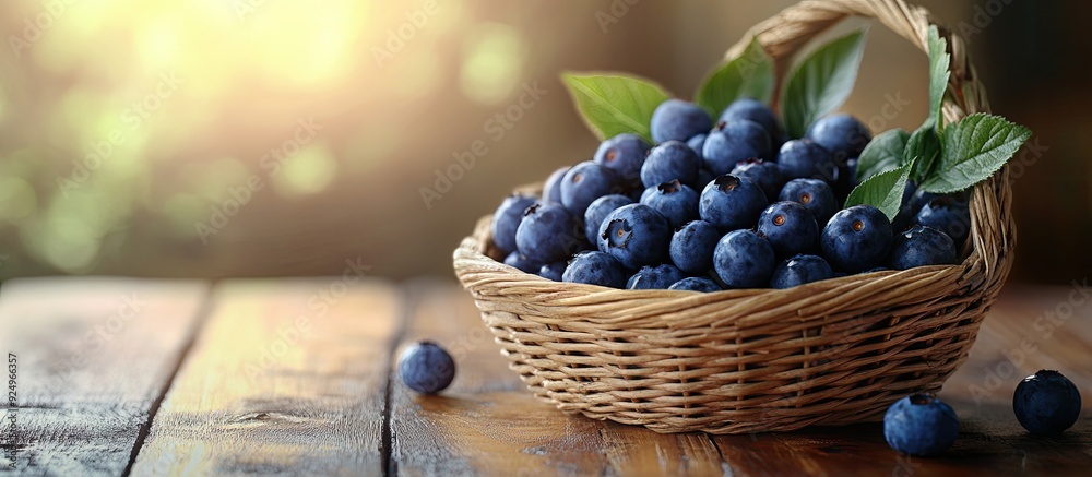 Leinwandbilder Blueberries in a basket close up on a wooden surface. with copy space image. Place for adding text or design