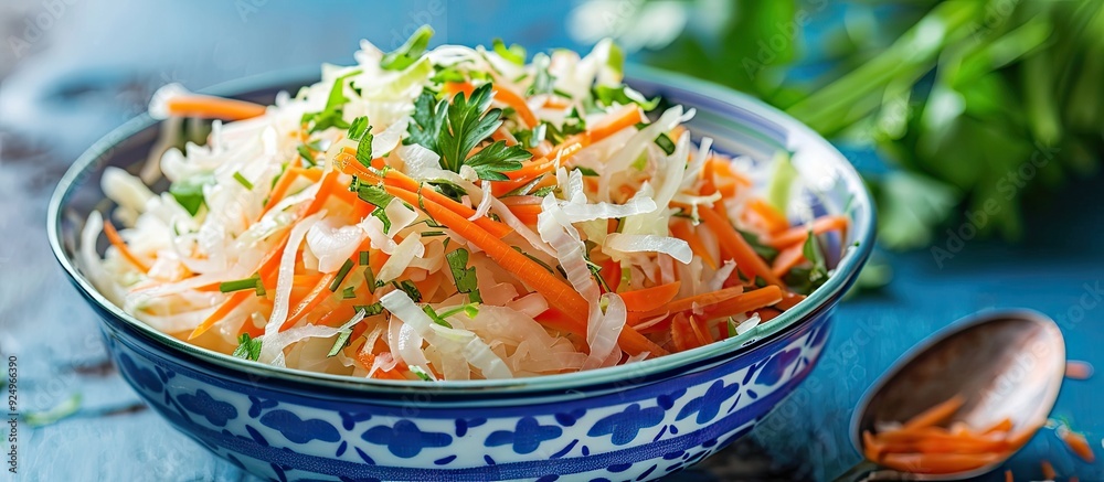 Leinwandbilder homemade sauerkraut with carrots and green onions in a bowl on a light blue backdrop fermented food.