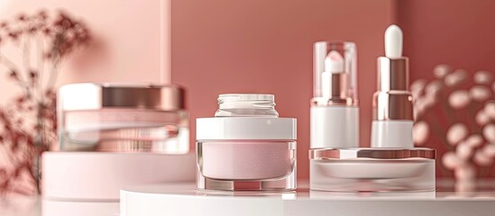 Cropped image of four distinct cosmetic cream jars and brushes. with copy space image. Place for adding text or design