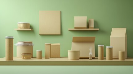 Minimalist mockups of various cardboard packaging on shelves against a green wall.  Ideal for branding or product design.