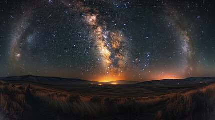 Fototapeta premium Galaxy visible over the mountains at night, stars and light, wide angle