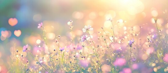 Unfocused blur of a summer blooming meadow toned with a light and heart bokeh background creating a pastel and soft card effect. with copy space image. Place for adding text or design