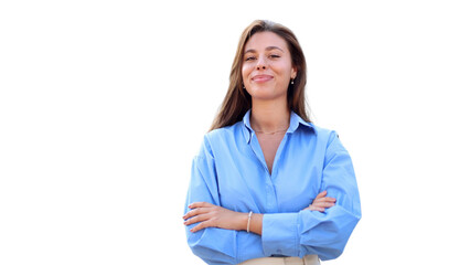 Young businesswoman stands and smiling, transparent background	