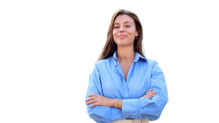 Young businesswoman stands and smiling, transparent background	