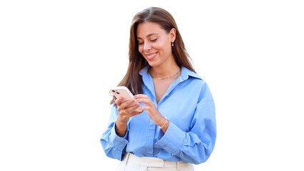 Beautiful, happy woman using smartphone