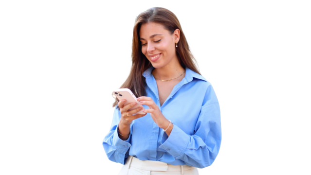 Beautiful, happy woman using smartphone