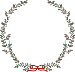 Abstract doodle ivy fern leaves wreath with bow illustration for Chriatmas holiday and nature.