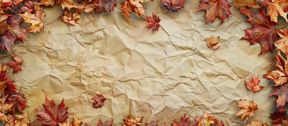 Fototapete An aged empty sheet of paper resting on vibrant maple leaves Thanksgiving fall season. with copy space image. Place for adding text or design