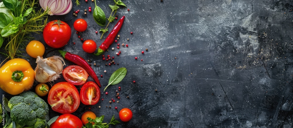 Poster fresh vegetables and cooking ingredients arranged around a vintage cutting board on a rustic backgro