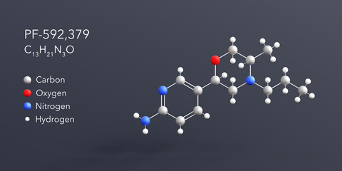 pf-592,379 molecule 3d rendering, flat molecular structure with chemical formula and atoms color coding