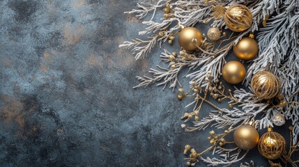 Elegant Gold Christmas Ornaments on a Rustic Background - A festive composition featuring a snowy branch adorned with golden ornaments against a textured, dark blue backdrop. This image represents Chr