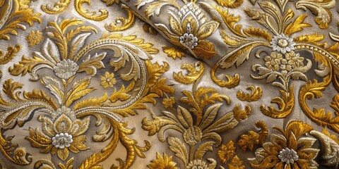 Vintage golden brocade fabric with intricate ornate patterns, woven with silver threads, evoking opulence and luxury, reminiscent of Renaissance-era grandeur and sophistication.