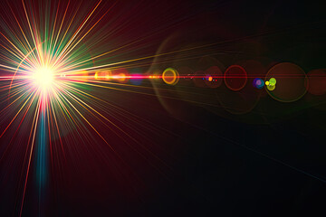 Leuchtende Lichtstrahlen explodieren von einem zentralen Punkt und breiten sich in warmen Orange- und Rottönen auf schwarzem Hintergrund aus. Das Bild zeigt dynamische Lichtreflexionen und Bokeh-Effek