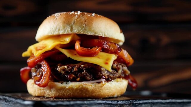 AI Generated video of a Western BBQ cheeseburger with smoky beef patty, crispy onion rings, bacon, and cheddar cheese on a rustic wood background