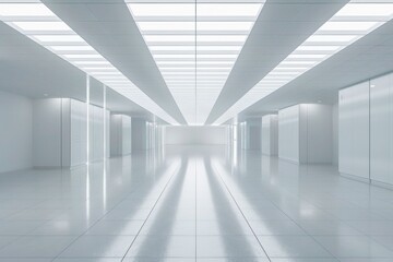 Fototapeta premium Modern minimalist interior of a spacious, well lit corridor with glossy floors and white walls