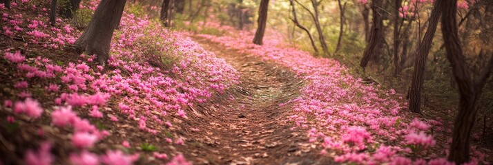 Enchanted Forest Path with Pink Flower Petals - A winding path through a forest, covered in pink flower petals. The trees stand tall, providing shade and creating a sense of tranquility, peace and ser